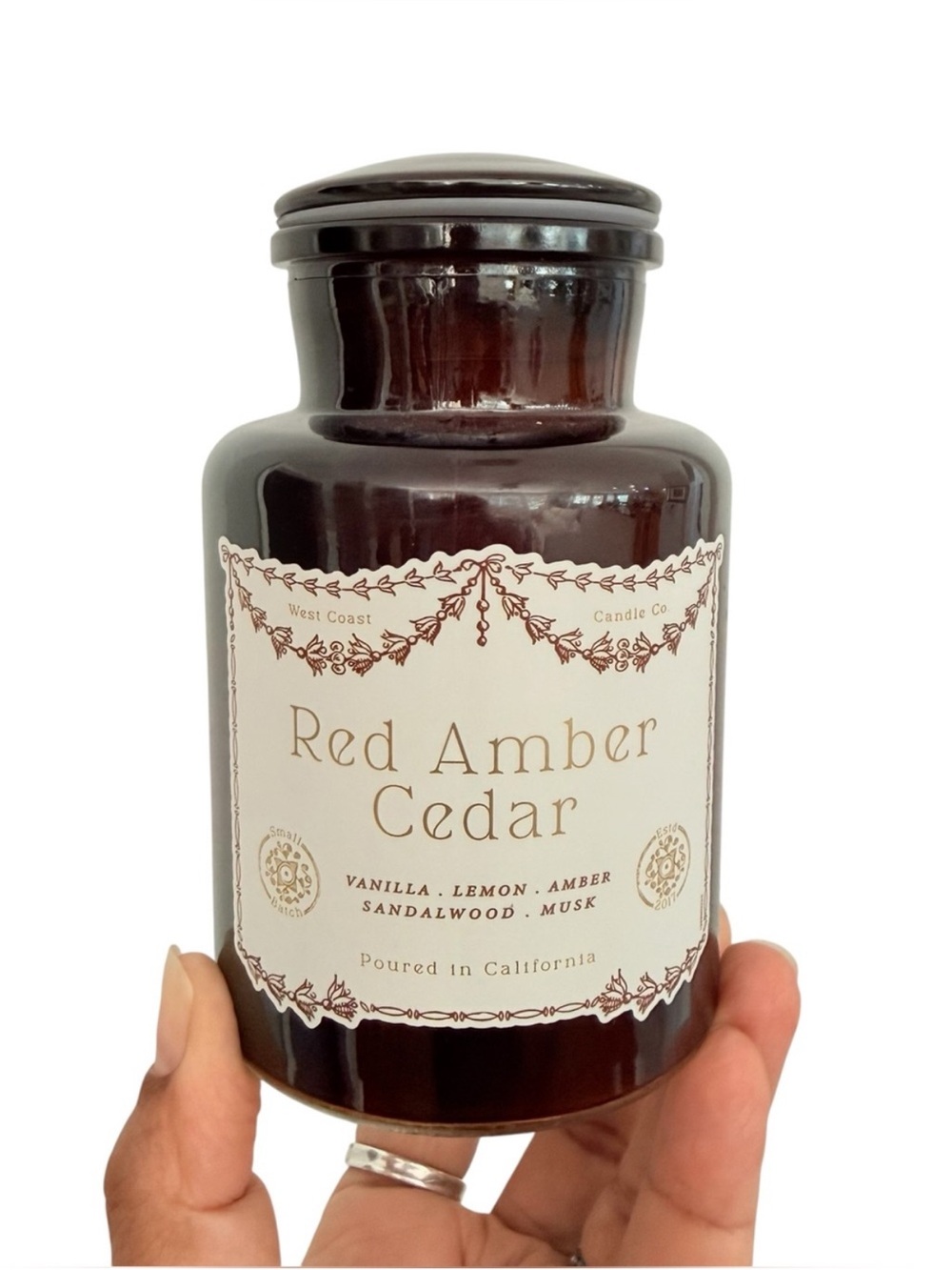 Leoben Company Red Amber Cedar Scented Candle in Brown Apothecary Glass Jar